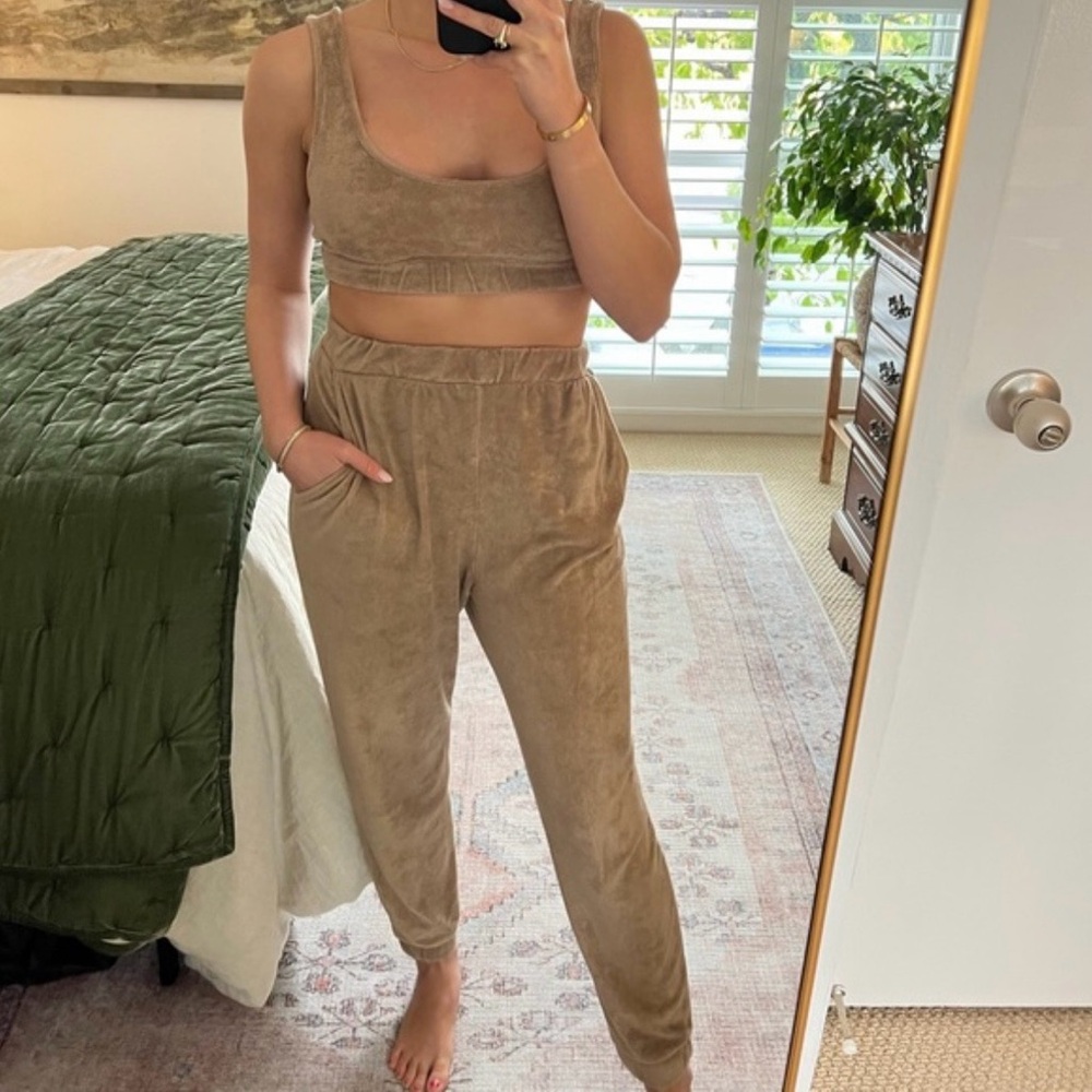 Zara Tan Terry Cloth Crop Top & Jogger Pants Set Size M